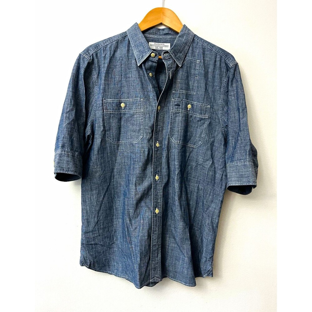 AllSaints Blue Chambray Cotton Button Up Short Sleeve Shirt Mens L Pockets